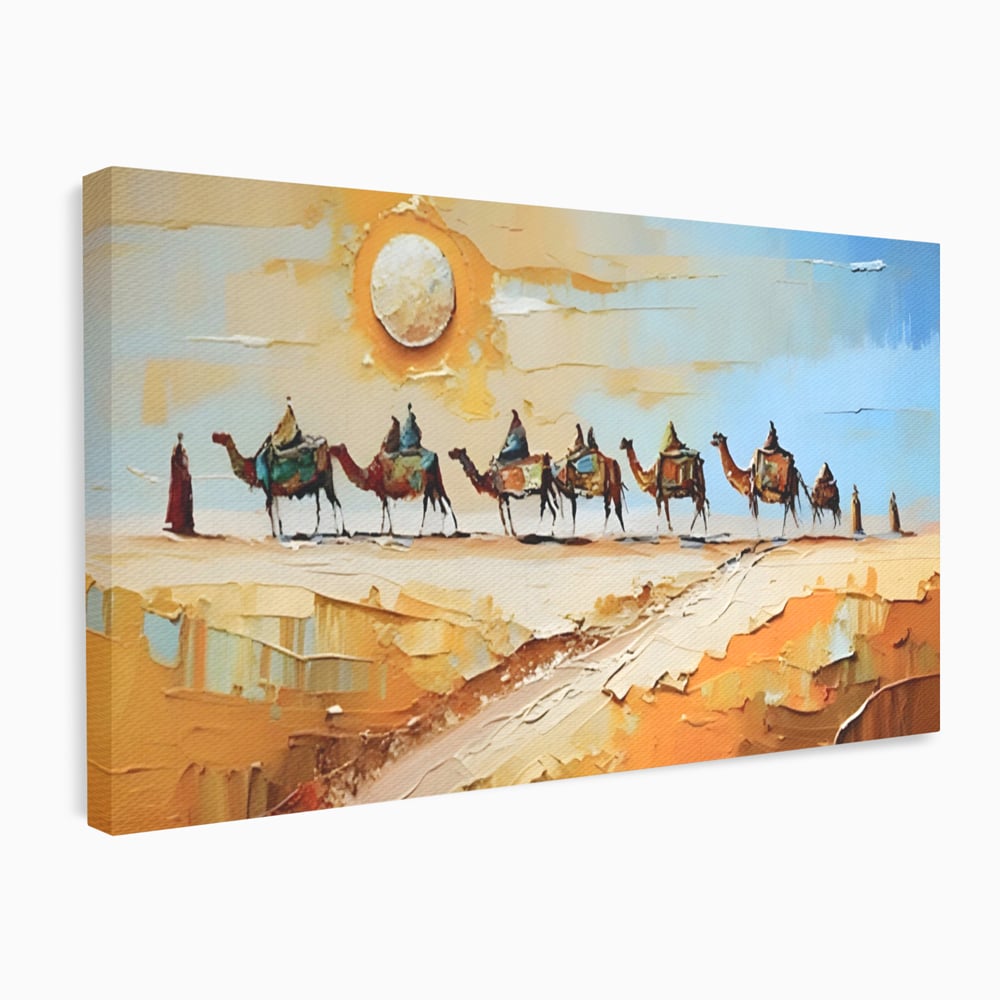 Tablou canvas cu pictura cu caravana de camile in desert, fara rama, pe sasiu de lemn